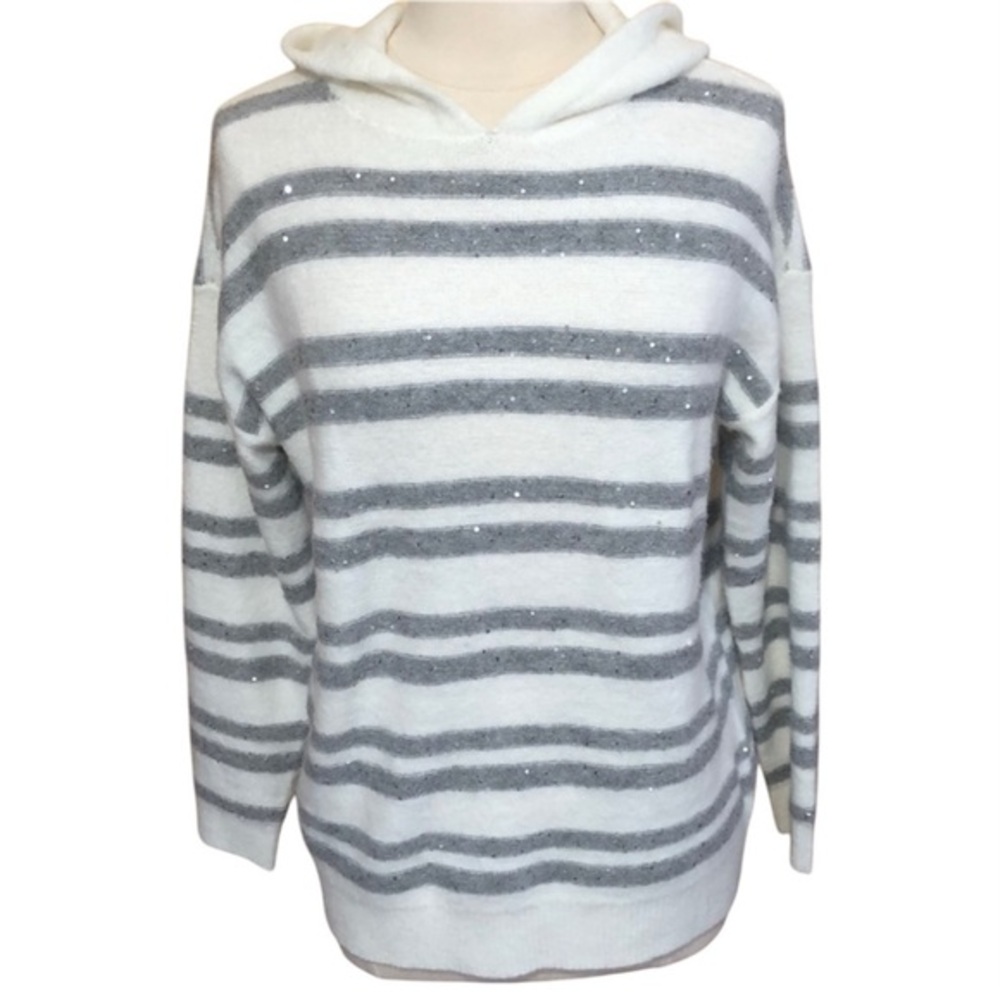 Nine West Ivory hooded sweater w/gray Stripes & sequence sparkle Size Medium